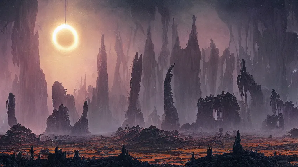 Image similar to eerie atmospheric alien planet with biomechanical plants and the ruins of civilization by les edwards and vincent di fate and anato finnstark, epic cinematic matte painting