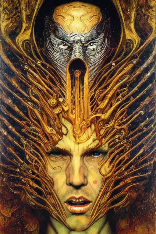 Prompt: character art the contra bill rizer, by karol bak, jean deville, gustav klimt, and vincent van gogh, trickster, enigma, destiny, poe's angel, surreality, inspiration, muse, otherworldly, fractal structures, arcane, ornate gilded medival icon, spirals