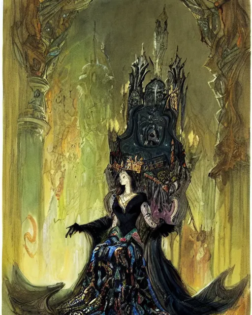 Image similar to an illustration of a dark queen on a throne at night by marc davis and by gustave moreau, realistic, gouache, painting