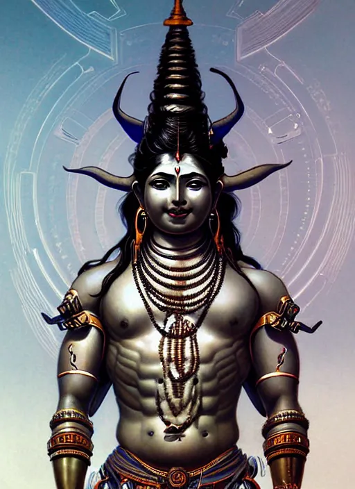 Prompt: perfectly centered full figure portrait of hindu god lord shiva, sci - fi armour, muscular! cyberpunk, intricate, elegant, highly detailed, digital painting, artstation, concept art, sharp focus, illustration, art by artgerm and greg rutkowski and alphonse mucha