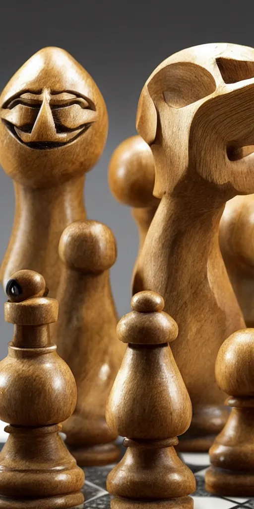 Prompt: a set of chess pieces carved to look like anthropomorphic animals