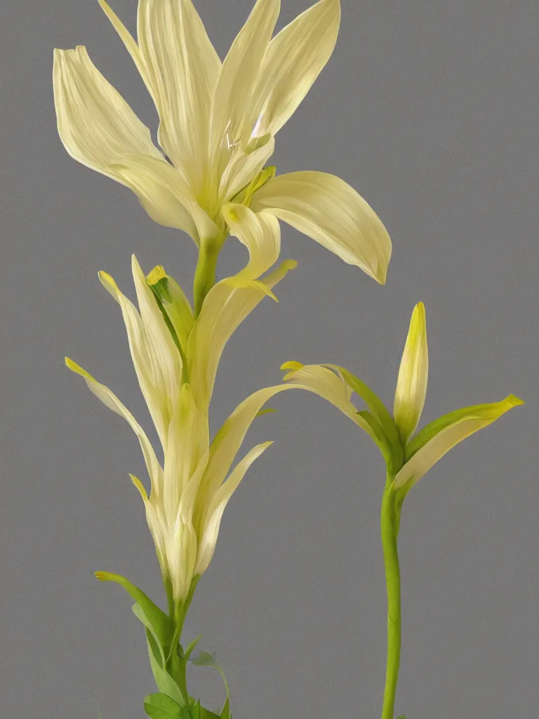 Image similar to single stem flower, st joseph lily, intricate detail, painted look, golden ratio, ethereal, infini - d - render,