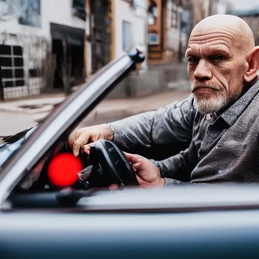 Image similar to john malkovich driving a toy car, canon eos r 3, f / 1. 4, iso 2 0 0, 1 / 1 6 0 s, 8 k, raw, unedited, symmetrical balance, wide angle