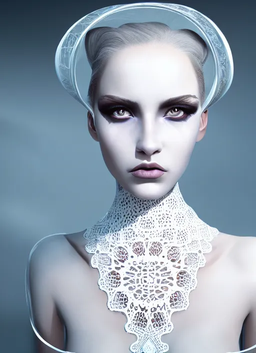 Prompt: portrait of a fierce nubile young woman with reflections in her eyes and white makeup and long dark hair, painted in futuristic white latex, waves of billowing doily dress, clear skin, elegant, graceful, fashionable, cinematic, hyperdetailed illustration by irakli nadar and alexandre ferra, depth of field, global illumination,