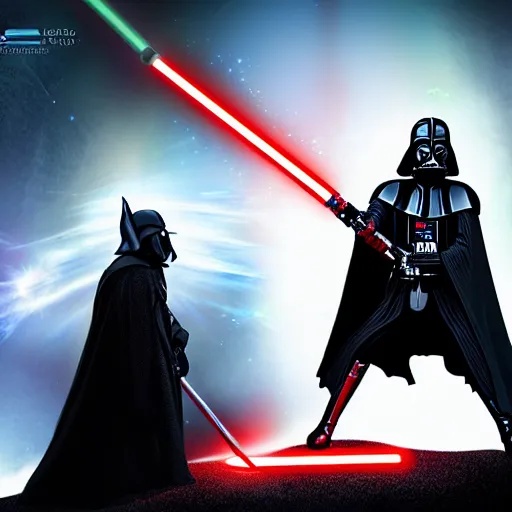 Prompt: gandalf fighting darth vader with a lightsaber, lord of the rings, star wars, dramatic lighting, 4 k, digital art,
