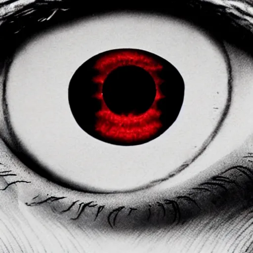 Image similar to sun from teletubbies with bloodshot eye, horror, creepy, dark