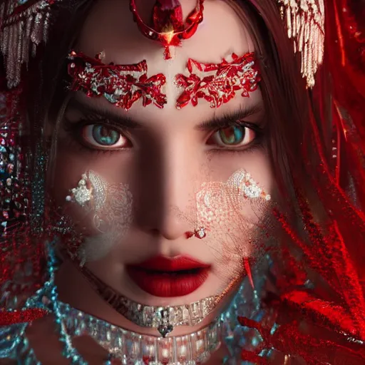 Image similar to wonderful princess with smooth fair skin, alluring eyes, red jewelry, breathtaking, elegant, intricate, hyper detailed, accent lighting, 4 k glamour photography, octane render