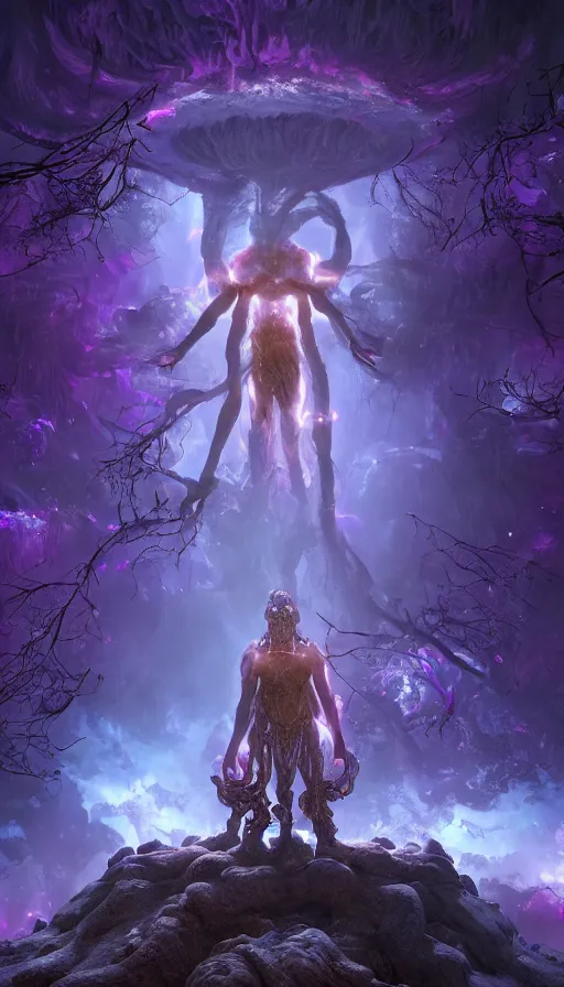 Prompt: a future scifi ancient god on the middle of a purple forest holding a portal that's about to explode, sweat drops, insane, intricate, highly detailed, oil painting, smooth, sharp focus, Unreal Engine 5, 8K, art by Diego Velázquez
