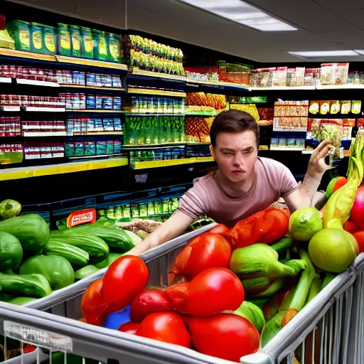 Image similar to mid shot of an alien buying groceries at the store shot by amanda carlson and alex strelkovv, professional photo, masterpiece, very detailed, hyper - realistic, cinematic, 4 k