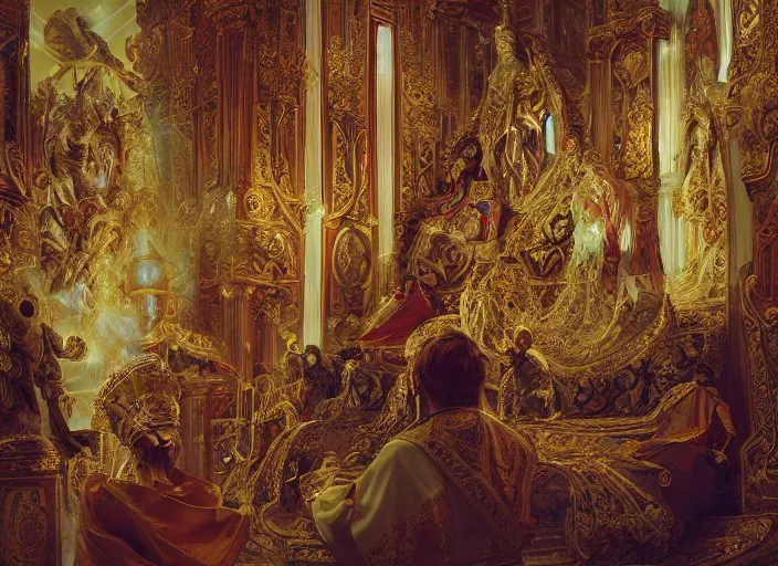 Prompt: worship of the pope, royal robe, gold trim, close - up, light effect, hyper detailed, intricate, atmospheric, elegant, photorealistic by paul lehr, marco mazzoni, featured on cgsociety, rococo, whimsical, artstation