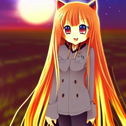 Image similar to anime illustration of Holo from Spice and Wolf standing in a wheat field at sunset, Holo is a wolf girl, high detail, trending on pixiv