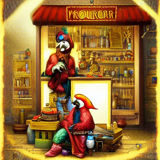 Image similar to Anthropomorphized parrot trader in his shop, selling his wares, portrait, items, gold, magic potions, carpet, window, sly expression , cunning expression, cute expression, long thick shiny gold beak, presenting wares, D&D, fantasy, cinematic lighting, highly detailed, digital painting, artstation, concept art, smooth, sharp focus, illustration, warm light, cozy warm tint, magic the gathering artwork, volumetric lighting, 8k, art by Akihiko Yoshida, Greg Rutkowski