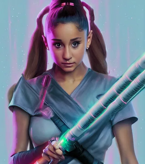 Image similar to A hyper realistic photo of Ariana Grande in the Star Wars universe with two pink lightsabers held in each hand. Maximum detail on artstation, photo realism