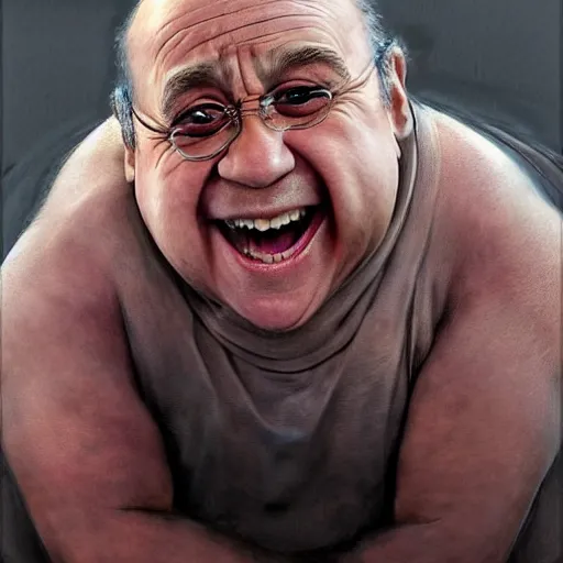 Image similar to hyperrealistic mixed media high resolution painting of a quadriplegic Danny DeVito, stunning 3d render inspired art by István Sándorfi and Greg Rutkowski and Unreal Engine, perfect facial symmetry, dim volumetric lighting, 8k octane beautifully detailed render, full body shot, post-processing, extremely hyper-detailed, intricate, epic composition, highly detailed attributes, highly detailed atmosphere, cinematic lighting, masterpiece, trending on artstation, very very detailed, masterpiece, stunning, flawless structure, lifelike texture, perfection,