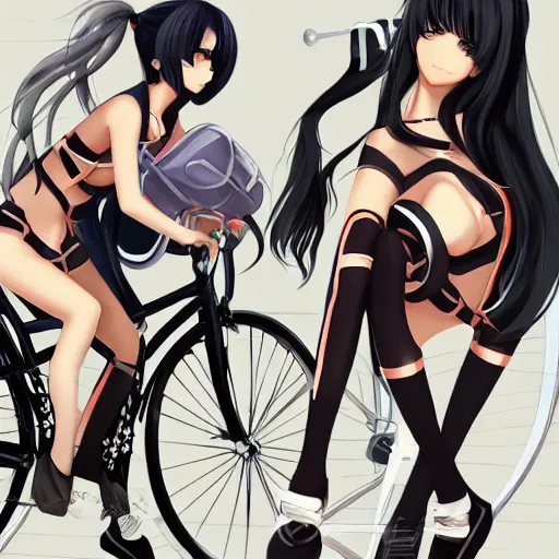 Image similar to Anime girl black hair tail dark skin with old bicycle trending on artstation