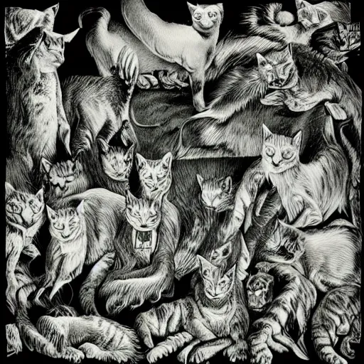 Prompt: “ bernie wrightson ” feline anatomical drawing veterinary herd of cats meadow 1 0 2 4 x 1 0 2 4