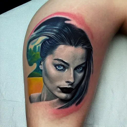 Prompt: surrealist tattoo design of margot robbie and nature mash up, in the style of arlo dicristina, amazing detail