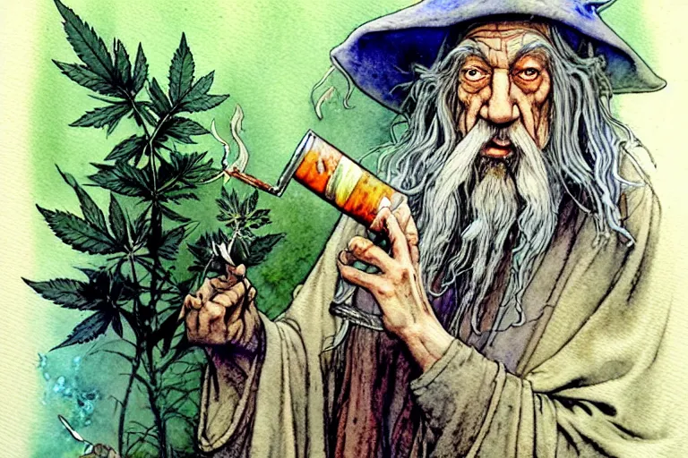 Image similar to a realistic and atmospheric watercolour fantasy character concept art portrait of gandalf with pink eyes lying on his back looking happy and confused and smoking weed out of his pipe with a pot leaf nearby, by rebecca guay, michael kaluta, charles vess and jean moebius giraud