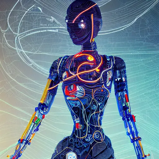 Image similar to a beautiful body of a bot pilot woman mostly made of wires and electronic circuits, an ultrafine detailed illustration by james jean, final fantasy, intricate linework, bright colors, behance contest winner, vanitas, angular, altermodern, unreal engine 5 highly rendered, global illumination, radiant light, detailed and intricate environment