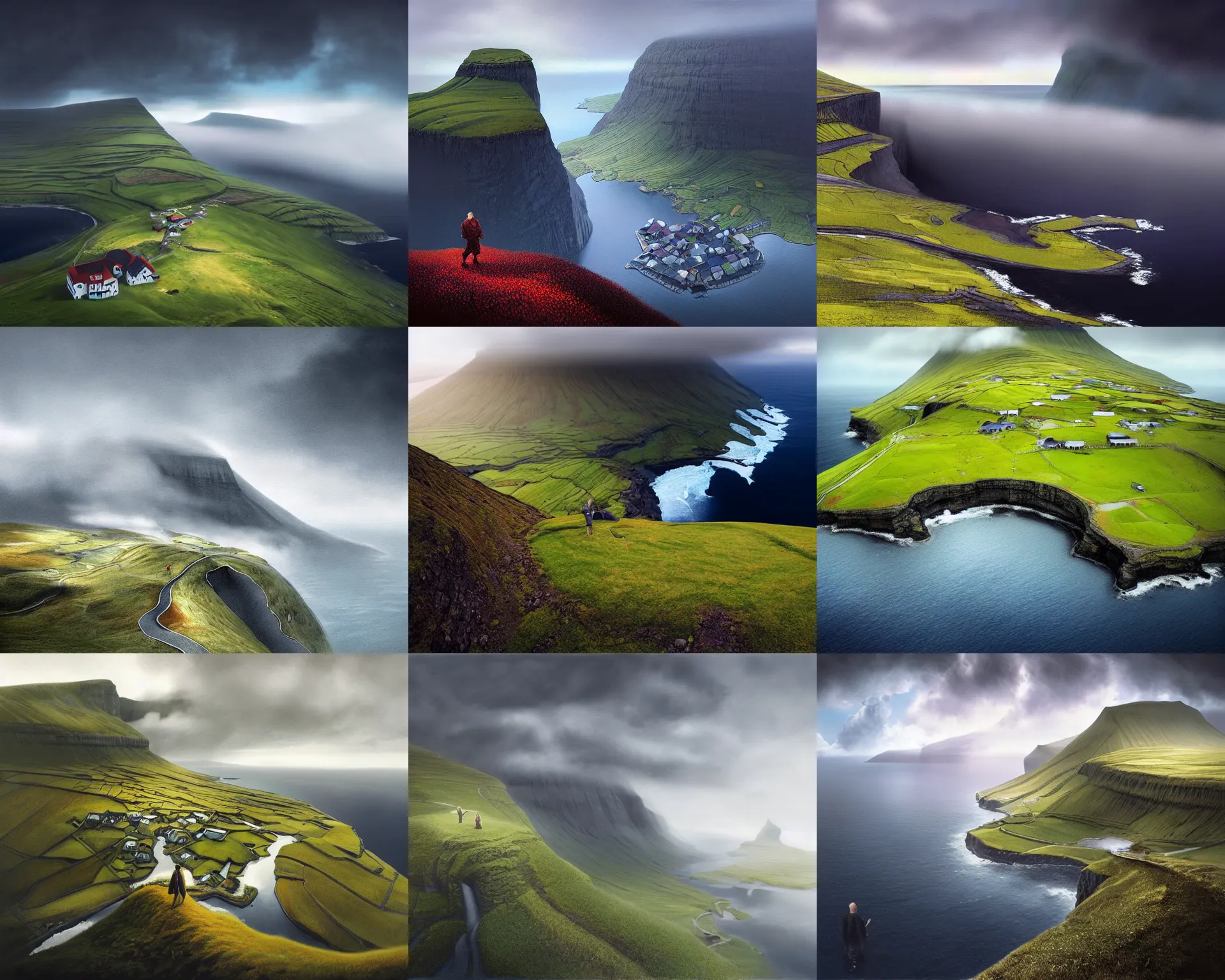 Prompt: landscape without people, faroe, azores, norway, above low clouds, overcast, extreme view angle, deep focus, turnaround, fantasy, intricate, elegant, highly detailed, digital painting, artstation, concept art, matte, sharp focus, illustration, hearthstone, art by rhads and artgerm and greg rutkowski