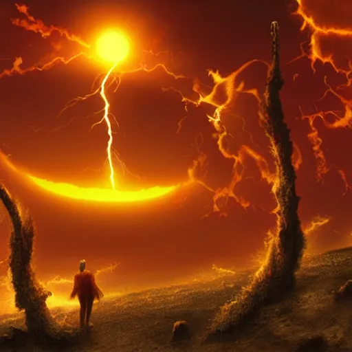 Image similar to giant fiery sun takes up most of the sky, two men look out over the horizon of a desert with plants on fire, lightning strikes in the distance, highly detailed matte painting