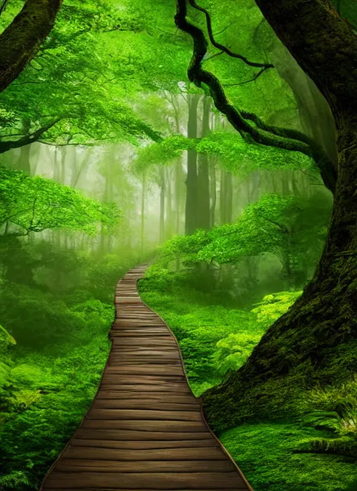 Image similar to a wooden path in the middle of a lush green forest, a detailed matte painting by john eyre, shutterstock contest winner, magical realism, enchanting, matte painting, mystical