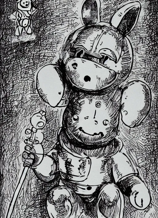 Image similar to tinky winky the teletubbie as a D&D creature, full body, pen-and-ink illustration, etching, by Russ Nicholson, DAvid A Trampier, larry elmore, 1981, HQ scan, intricate details, Monster Manula, Fiend Folio