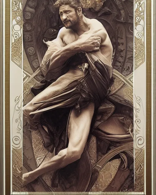 Image similar to amazing lifelike award winning pencil illustration of Gerard Butler trending on art station artgerm Greg rutkowski alphonse mucha j.c. Leyendecker cinematic, centered in frame