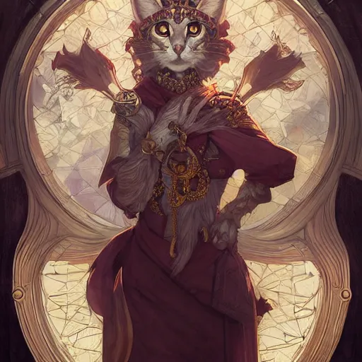 Image similar to A heraldic queen kitty cat with big cute eyes, D&D, fantasy, intricate, cinematic lighting, highly detailed, digital painting, artstation, concept art, smooth, sharp focus, illustration, art by Akihiko Yoshida, Greg Rutkowski and Alphonse Mucha