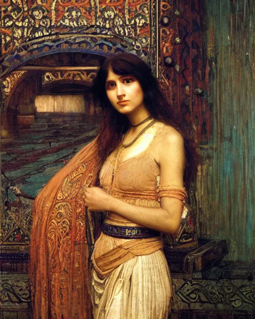 Image similar to time traveller orientalist intricate portrait by john william waterhouse and edwin longsden long and theodore ralli and nasreddine dinet, oil on canvas. cinematic, hyper realism, dramatic lighting, high detail 8 k