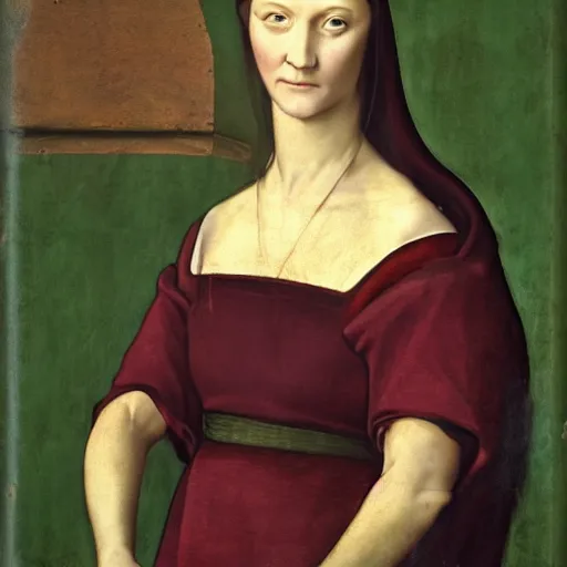 Prompt: portrait of a 40 years old women, dark red hair, green eyes, in medieval clothing, renaissance painting