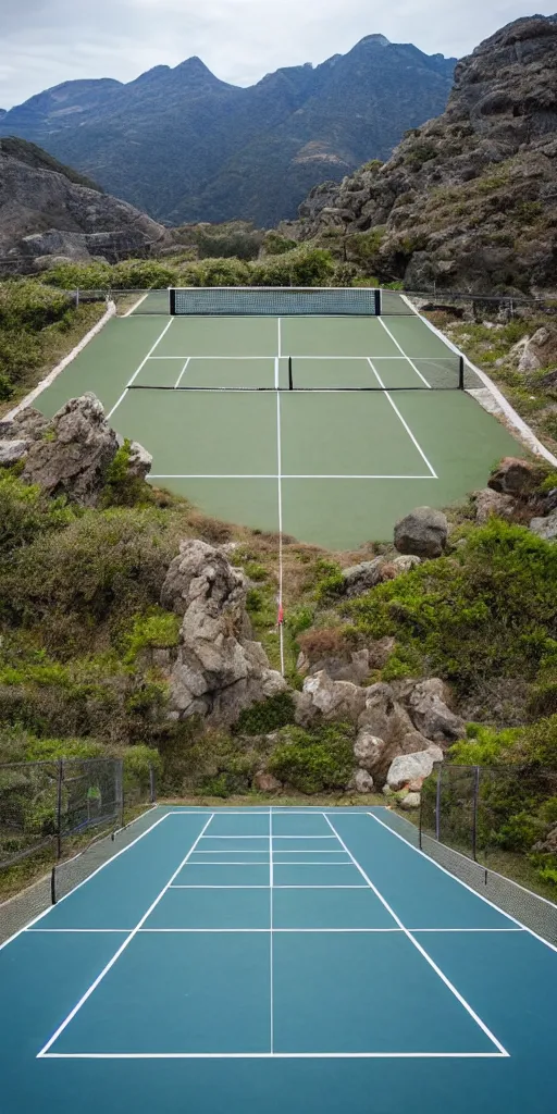 Image similar to Tennis court between mountains and sea. the style of National Geographic magazine