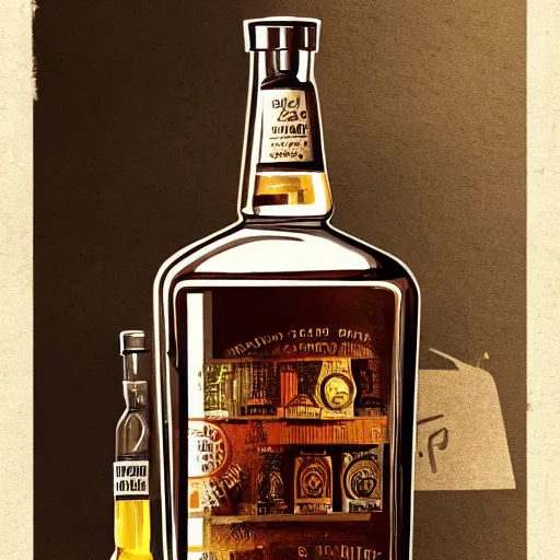 Prompt: an old vintage bottle of whisky on the shelf of a very vintage bar, trending on artstation