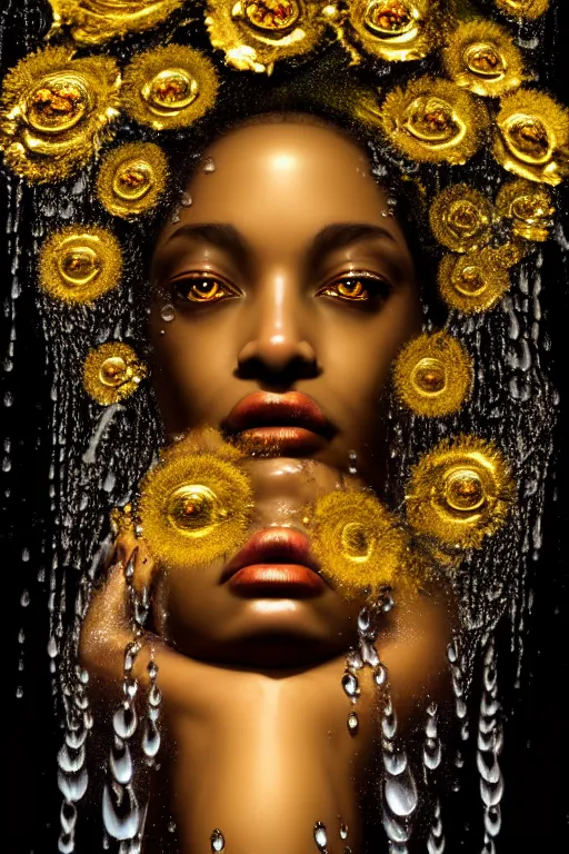 Image similar to hyperrealistic post rococo cinematic very expressive! black oshun goddess, in water up to her shoulders, mirror dripping droplet!, gold flowers, highly detailed face, digital art masterpiece, smooth eric zener cam de leon dramatic pearlescent back lighting, low angle uhd 8 k, sharp focus