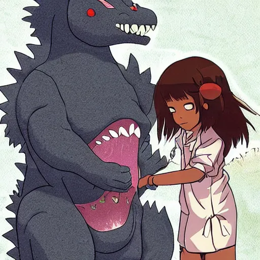 Image similar to Dark skinned girl pets Chibi Godzilla, Studio Ghibli