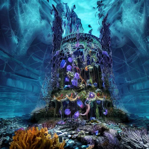 Prompt: an intricate photograph of an underwater cathedral at the bottom of the ocean surrounded by mermaids by david lachapelle, dark and scary abyssal ambient, photorealistic, octane render, unreal engine, 4 k, smooth lighting, subaquatic photography,