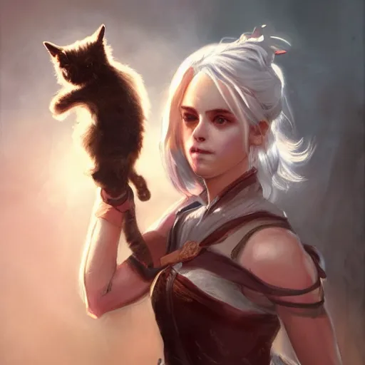 Image similar to Ciri holding a cat, beautiful lighting, expressive oil painting, trending on artstation, digital art, by Yoshitaka Amano