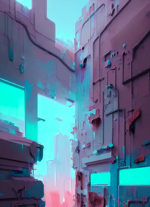 Image similar to matte painting extreme offset 3 d calligraphy graffiti mural dripping paint wall extreme explosive maximalism by atey ghailan, by greg rutkowski, by greg tocchini, by james gilliard, by joe fenton, pink, brown, black and light blue color scheme, octane render