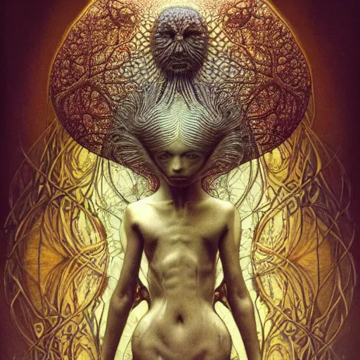 Image similar to a creature from a parallel universe by alexander mcqueen, zdzisław beksinski and alphonse mucha. highly detailed, hyper - real, very beautiful, intricate fractal details, very complex, opulent, epic, mysterious, trending on deviantart and artstation, award - winning design, future art