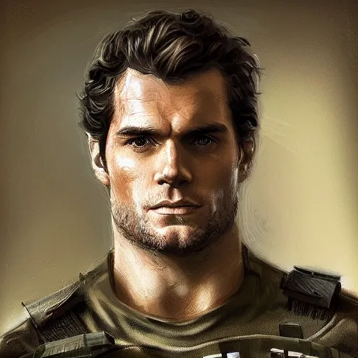 Image similar to “Portrait of Henry Cavill by Greg Rutkowski, he is about 20 years old, norwegian, short blond hair, young, manly, attractive, strong, older brother vibes, he is wearing futuristic military fatigues, highly detailed portrait, scifi, digital painting, artstation, concept art, smooth, sharp foccus ilustration, Artstation HQ”