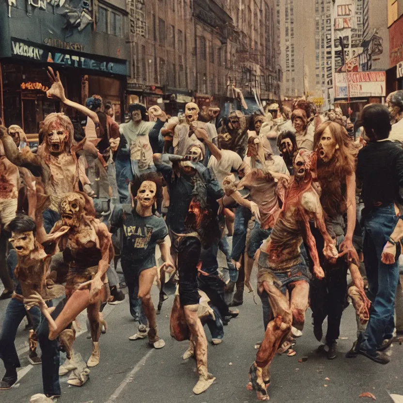 Image similar to radioactive zombies staggering in new york city street, 1970s, 35mm film look, Kodak Portra 400, 8k, vintage color polaroid
