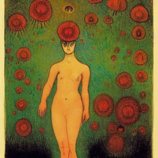 Image similar to the polyp goddess stretches her fungal spores amidst tick tock wretches and one two three, lithography print by Odilon Redon