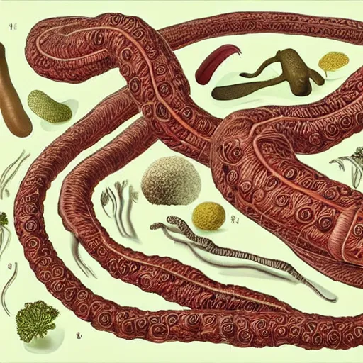 Prompt: miles of intestines filled with food, scientific illustration, gross, intricate detail, artgram,