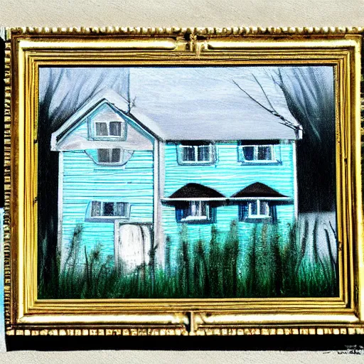 Prompt: a scary painting of a house in an moldy dusty frame