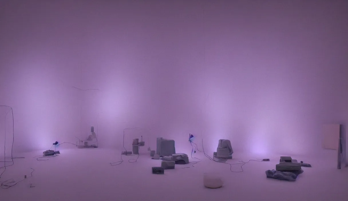 Prompt: artwork by pierre huyghe with wax, porcelain, cables and monitors, purple smoke, ultra realistic, depth, beautiful lighting, glitch, sigma, 8 k, 3 5 mm, f / 3 2