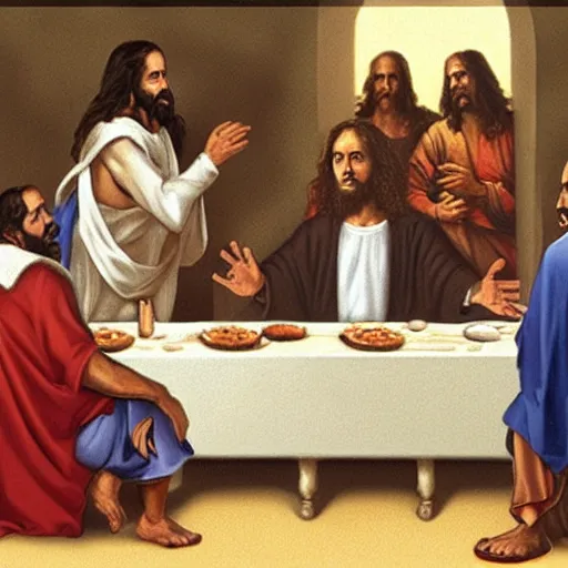 Image similar to jesus and obama having a discussion with jerry seinfeld at the last supper in a cafe