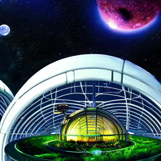 Image similar to a cinematic view of a deepspace solar powered space habitat colony, large domed greenhouses with exotic plants, retrofuturism, scifi art, oil on canvas, biodome, stars in the sky above, details, hyper - detailed, hd, hdr, 4 k, 8 k