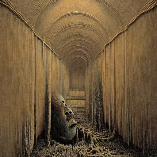 Prompt: scary creature in liminal space backrooms zdzislaw beksinski