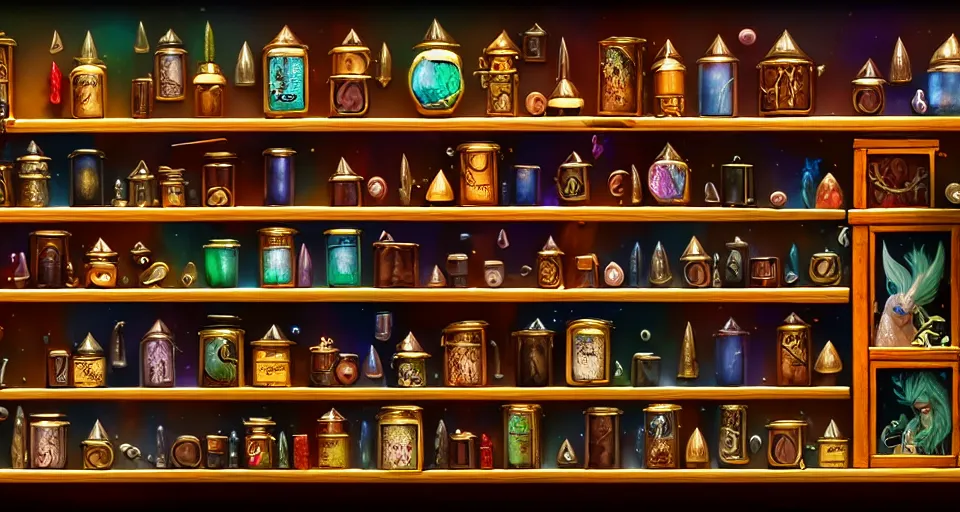 Prompt: a bookshelf of wonderful magical creatures, located in a wizard's shop, full of trinkets and magical potions flasks vials, bubbling liquids, smoking vessels, detailed, 4 k