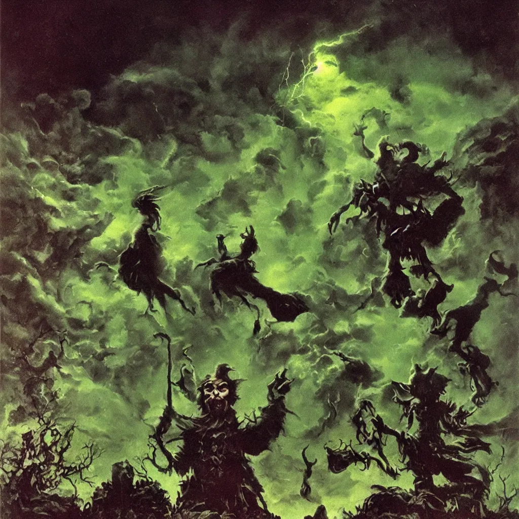 Prompt: Evil Jim Henson puppet wizard casting a spell in his lair, green fog, lightning in the background. Frank Frazetta style